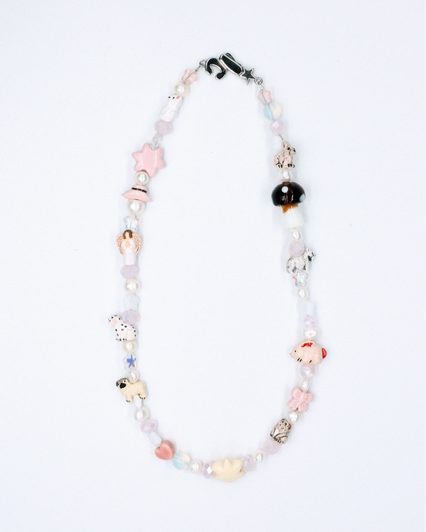 Pastel beaded necklace with pink pearls, star beads, pug, cat and animal charms – cutest necklace ever necklace