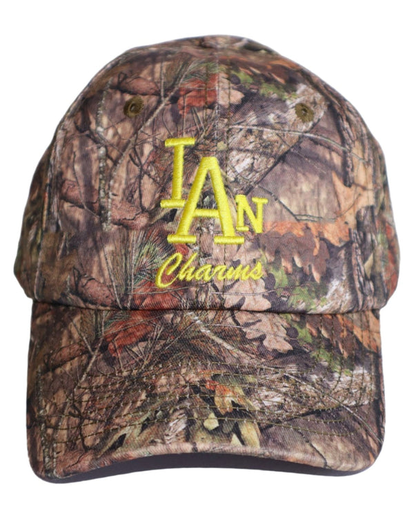 Camo baseball cap with yellow embroidered IAN Charms logo – the IC daddy cap by Ian Charms