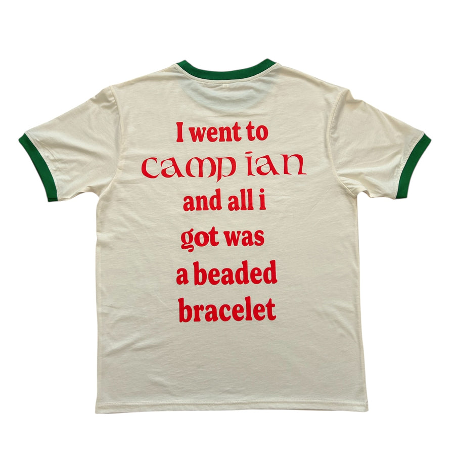 Back of the camp ian ringer tee printed in red: I went to camp ian and all i got was a beaded bracelet