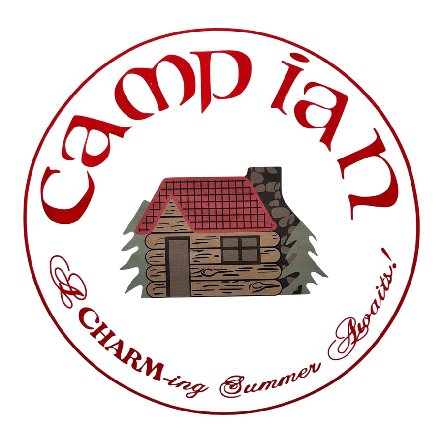 Camp Ian logo graphic: red script with a log cabin and a CHARM-ing summer awaits tagline