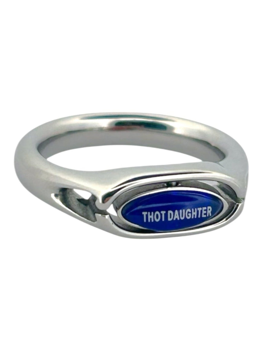 Silver ring with a reversible blue enamel oval reading THOT DAUGHTER – red pill or blue pill ring by Ian Charms