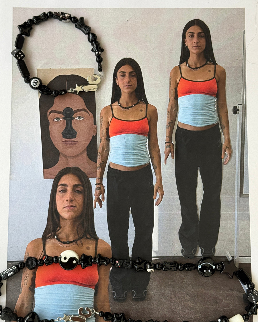Collage poster of a woman in a red and blue top framed by black beaded smoker bracelets