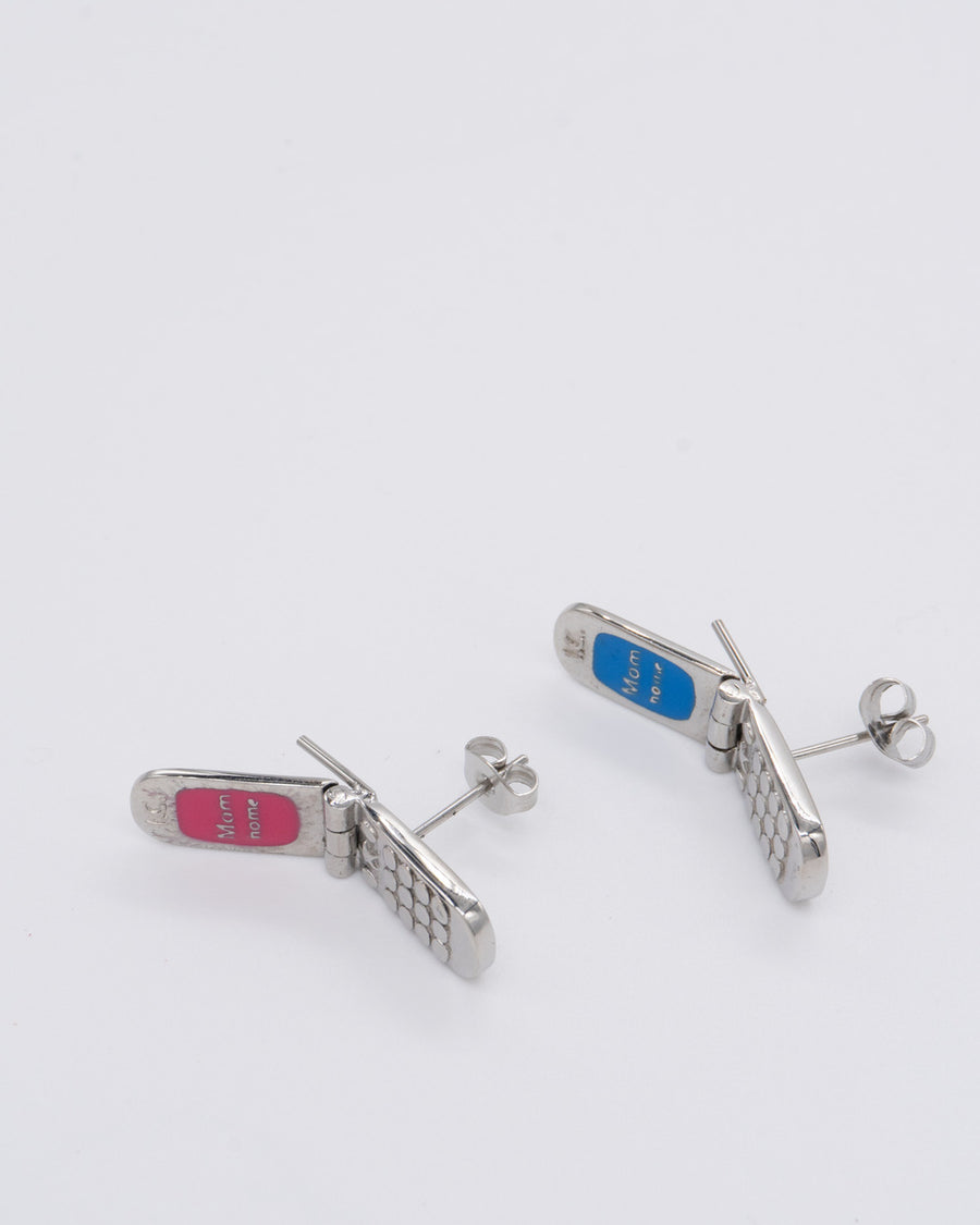 Pair of stainless steel flip phone stud earrings with pink and blue screens – the call mom studs by Ian Charms
