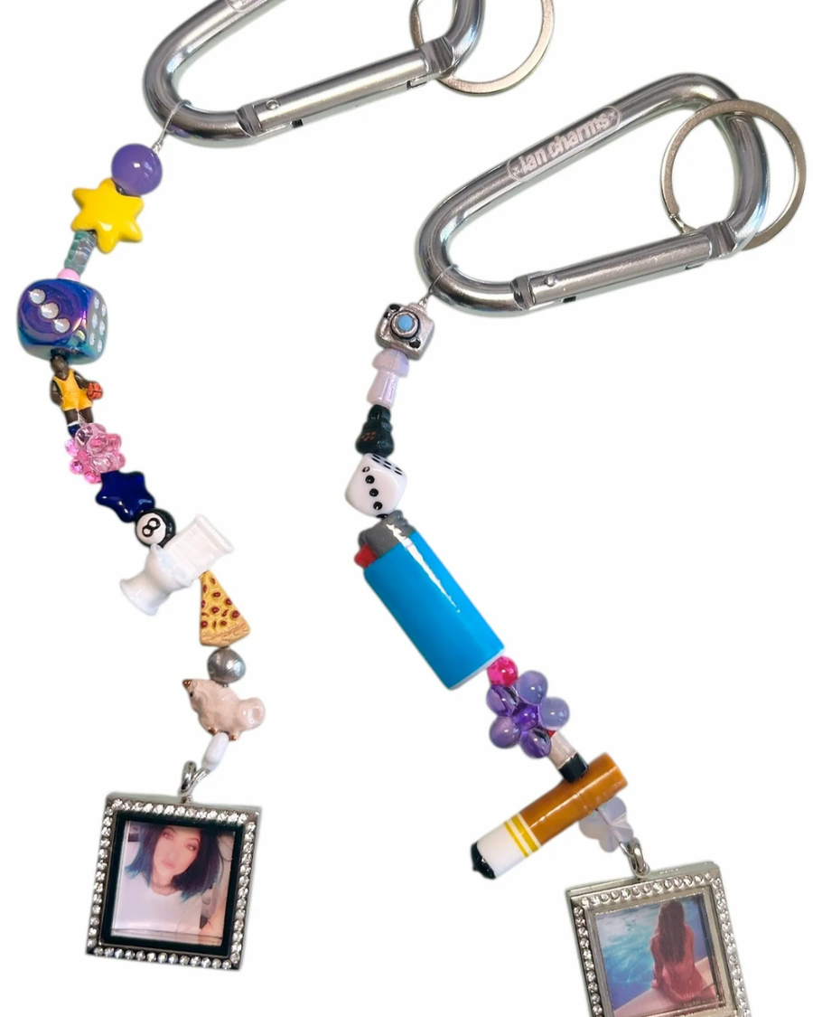 Two custom photo pendant keychains with colorful beads, a lighter charm and silver carabiners – custom pendant keychain