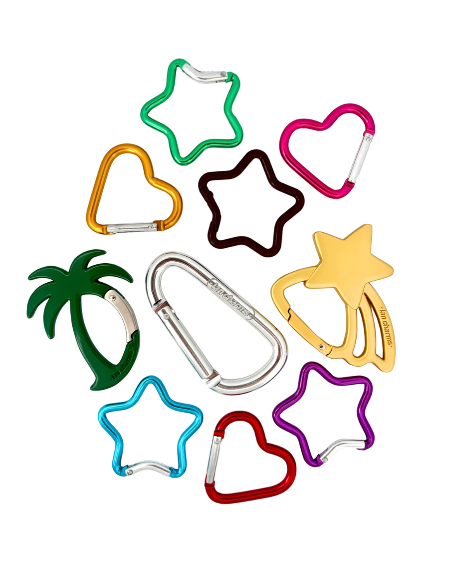 Assorted colorful carabiners shaped like stars, hearts and a palm tree for custom pendant keychains