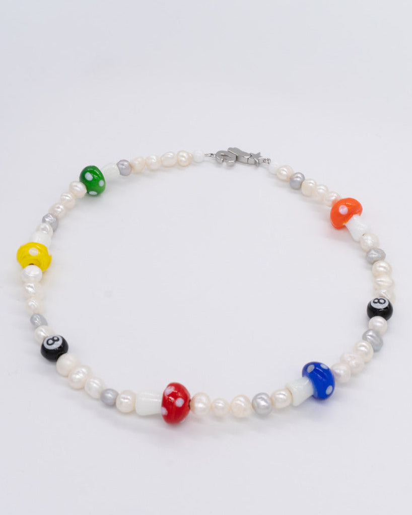 Pearl necklace with rainbow mushroom beads and black 8-ball beads – the danili necklace by Ian Charms