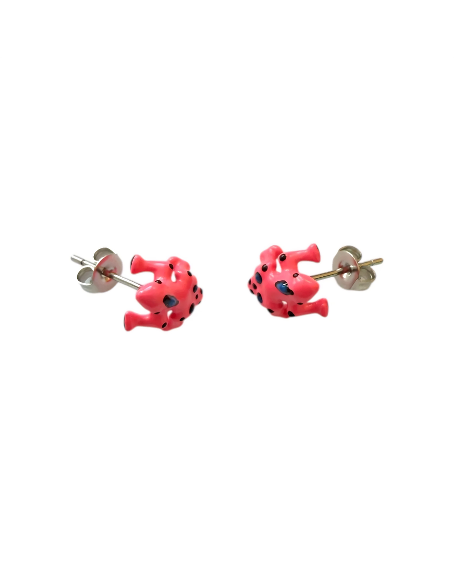 Pair of hot pink frog stud earrings with black spots – the not your prince (yet!!) studs by Ian Charms