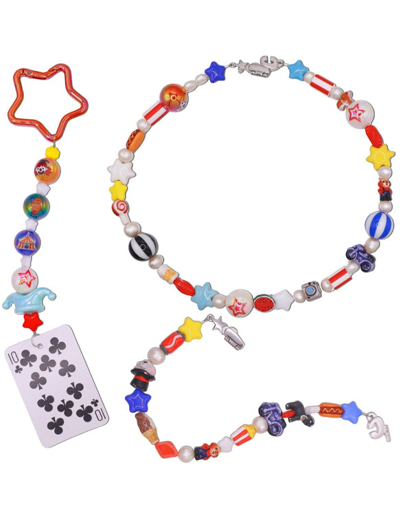 Colorful beaded necklace and keychain with jester, playing card and striped beads – funhaus pinterest predicts x ic
