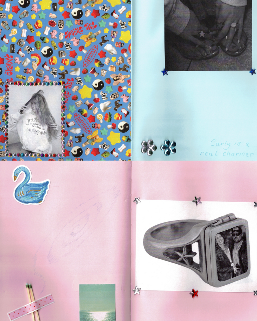 Open notebook pages decorated with stickers, photos of rings and a swan – the perfect notebook doesnt exi...