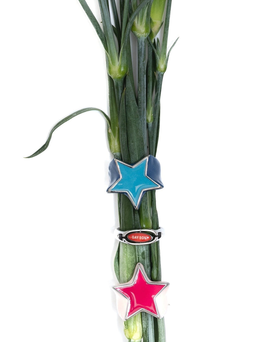 Red pill or blue pill ring between blue and pink star rings on green flower stems